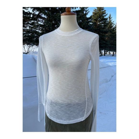 Free People Cecilia Tee Evening Cream XS NWT Bell Sleeves Sheer Fitted Crew - Picture 9 of 15